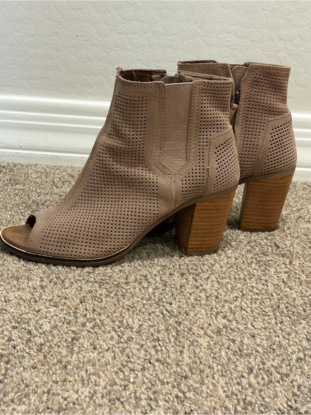 TOMS Majorca Peep Toe Perforated Suede Bootie, size 8.5